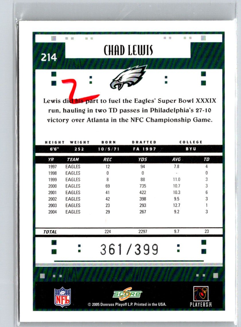 2005 Score #214 Chad Lewis Adrenaline #/399 i62