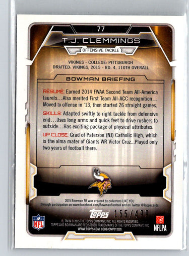 2015 Bowman #77 T.J. Clemmings Rookies Blue #/499 i65