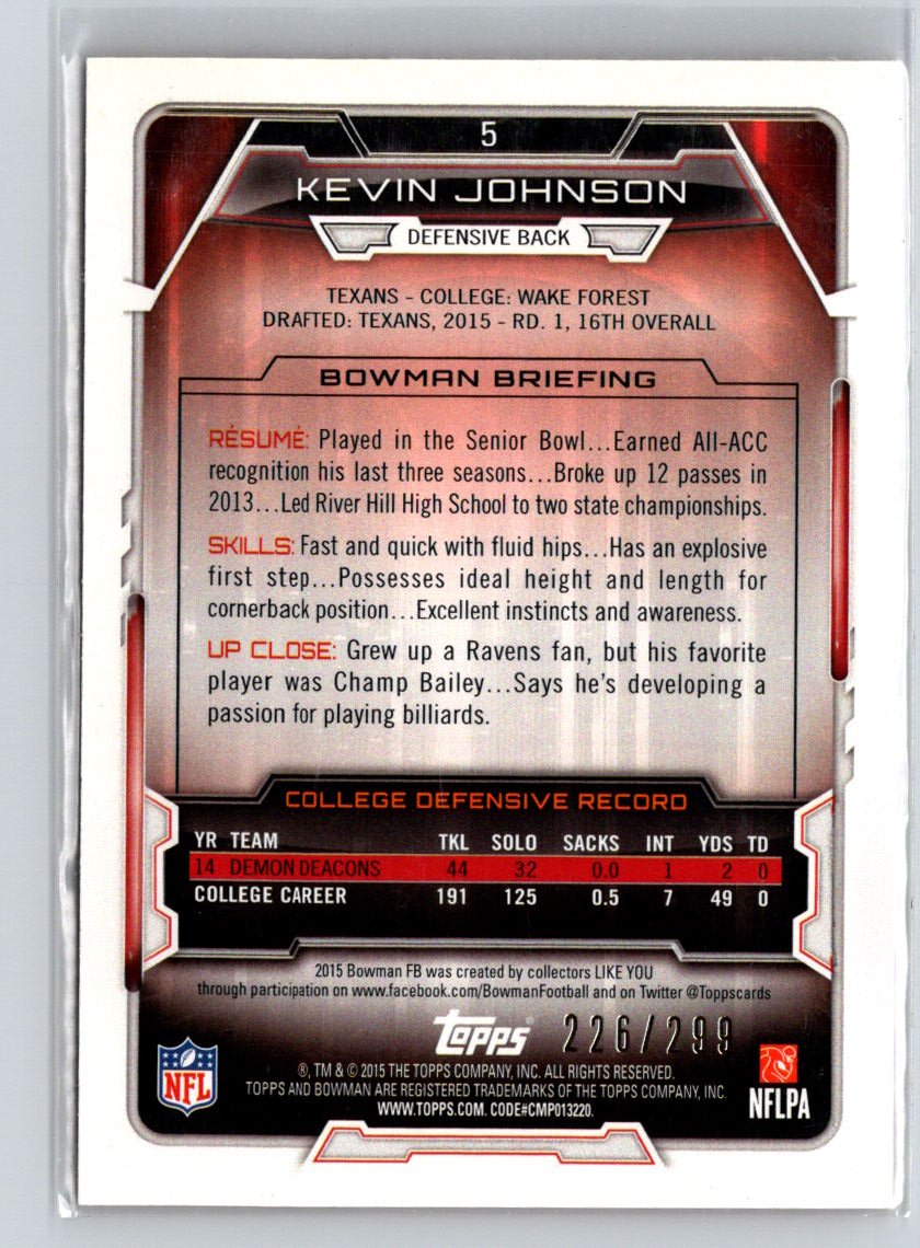 2015 Bowman #5 Kevin Johnson Rookies Orange #/299 i61