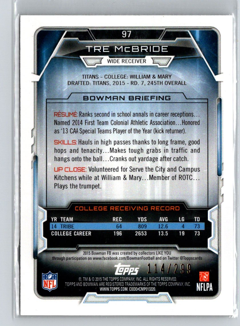 2015 Bowman #97 Tre McBride Rookies Orange #/299 i65