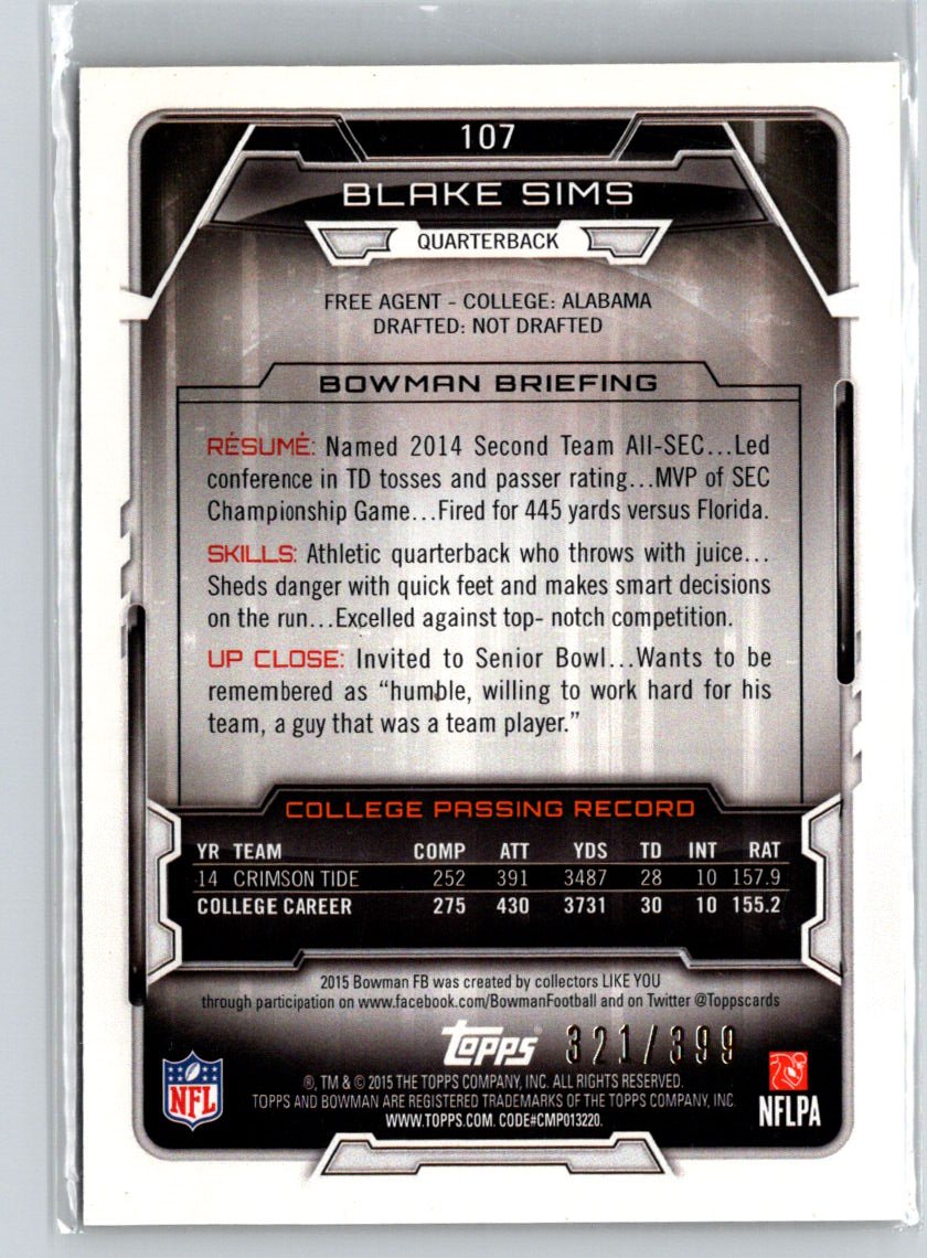 2015 Bowman #107 Blake Sims Rookies Gold #/399 i65