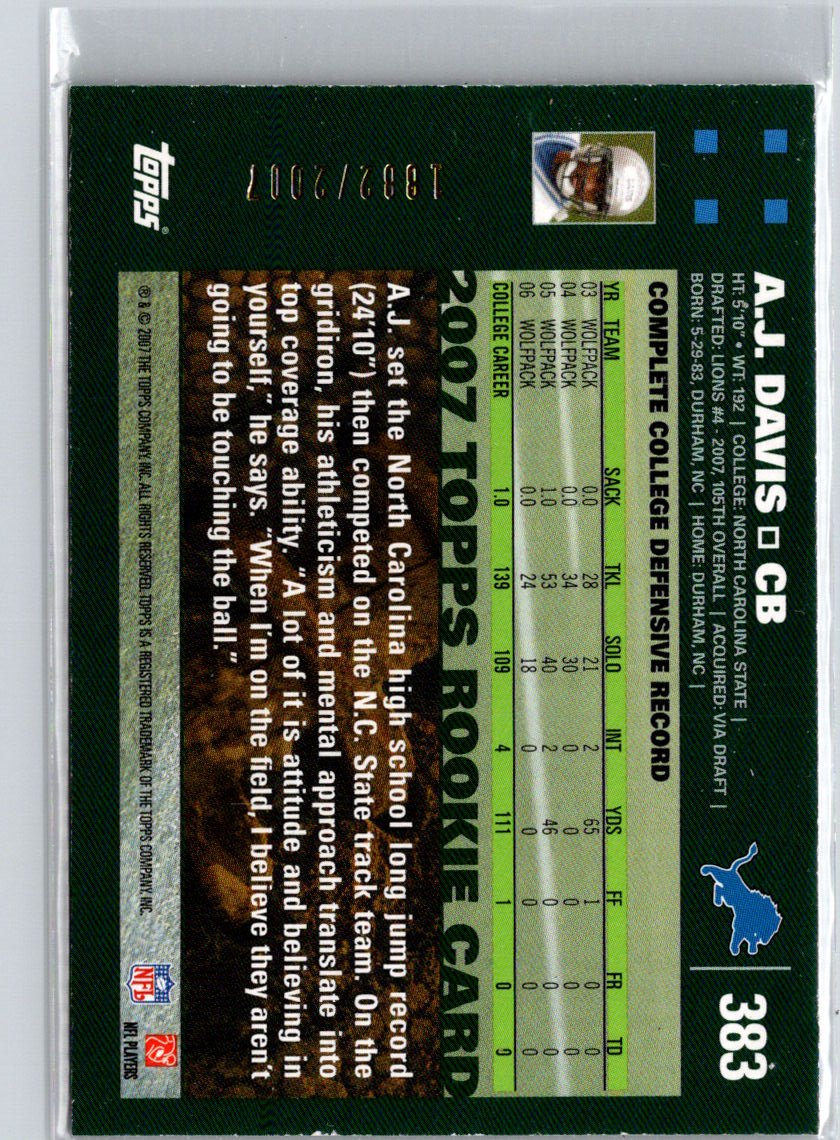 2007 Topps #383 A.J. Davis Copper #/2007 i68