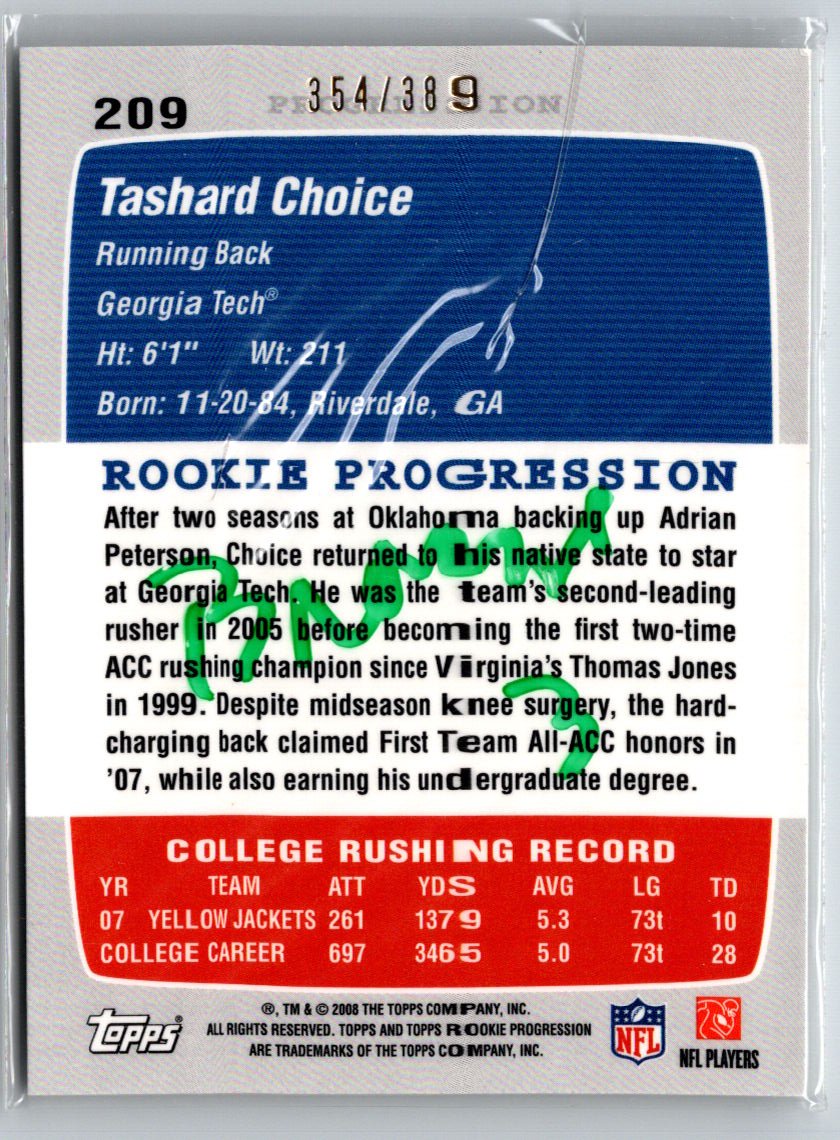 2008 Topps Rookie Progression #209 Tashard Choice Bronze #/389 i79