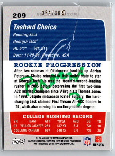 2008 Topps Rookie Progression #209 Tashard Choice Bronze #/389 i79