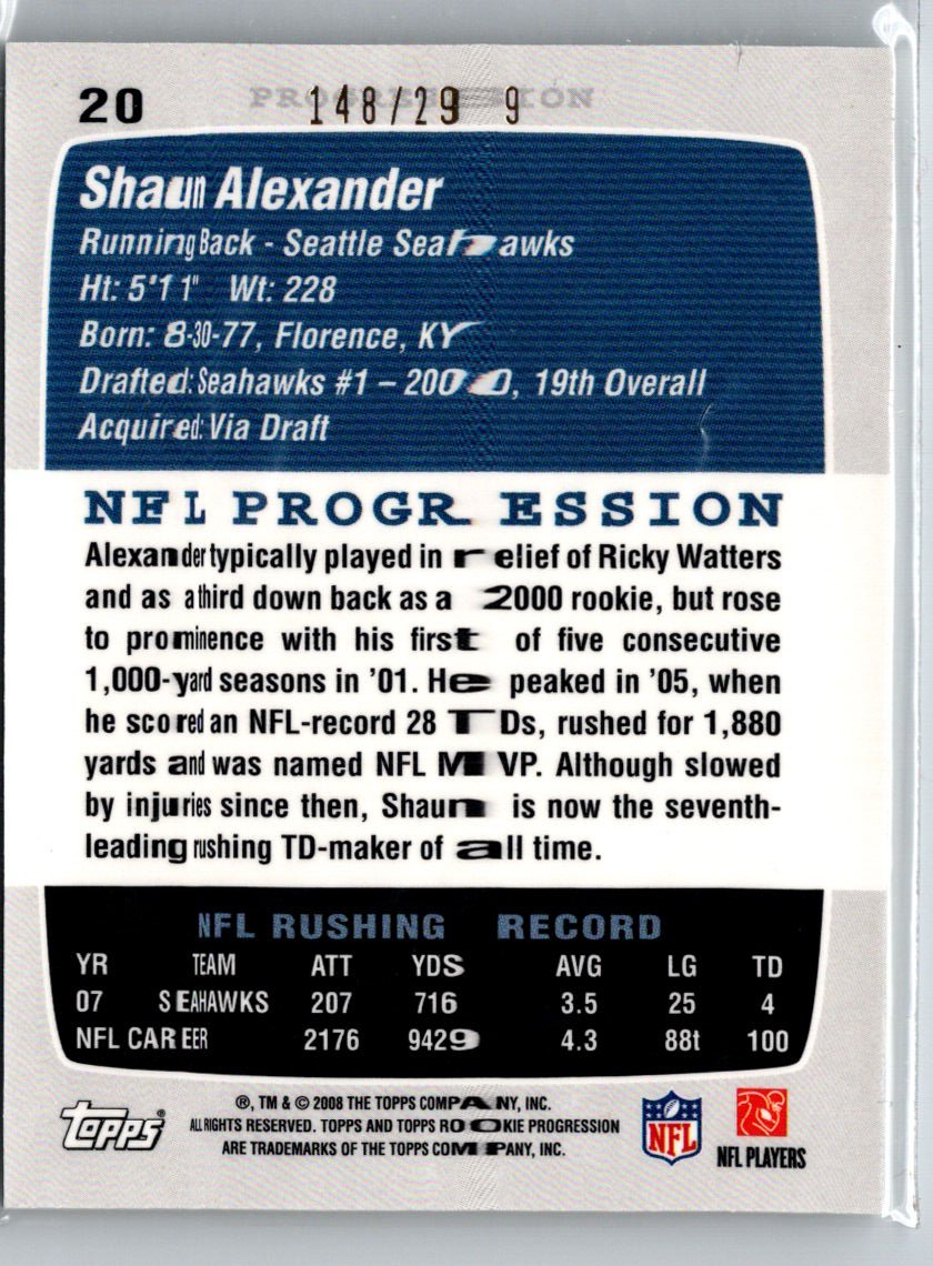 2008 Topps Rookie Progression #20 Shaun Alexander Silver #/299 i80