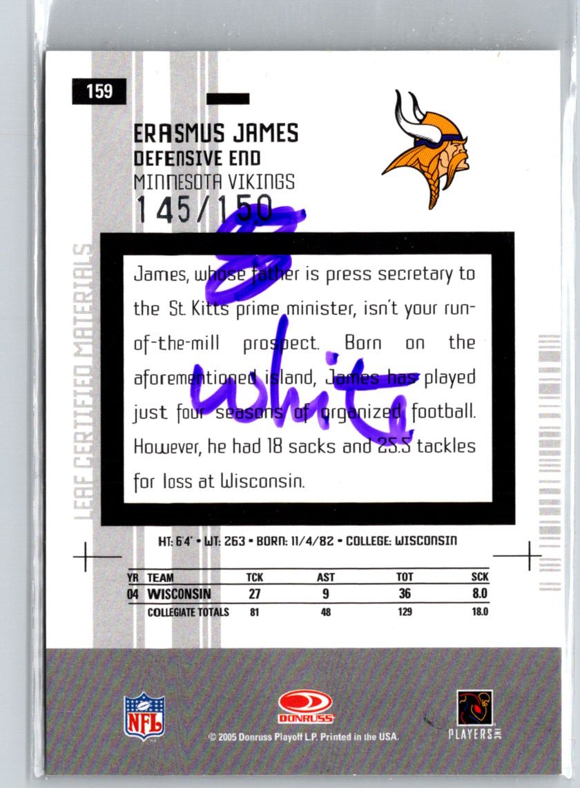 2005 Leaf Certified Materials #159 Erasmus James Mirror White #/150 i49