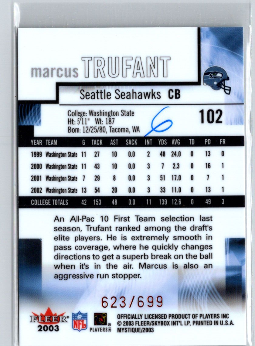 2003 Fleer Mystique #102 Marcus Trufant #/699 i49