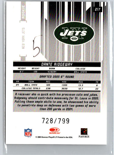 2005 Leaf Rookies & Stars #217 Dante Ridgeway #/799 i48
