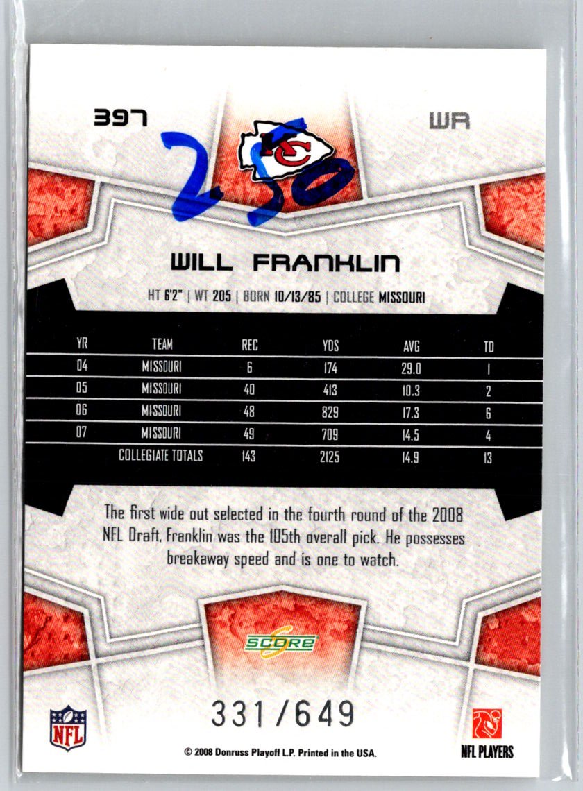 2008 Score #397 Will Franklin Scorecard #/649 i54