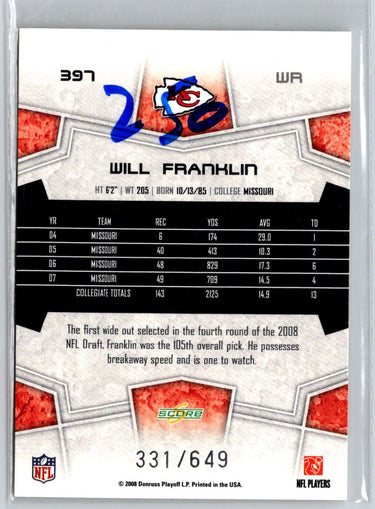 2008 Score #397 Will Franklin Scorecard #/649 i54