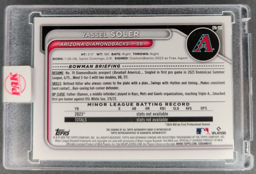 2024 Bowman Chrome - Prospect Autographs #CPA-YSO Yassel Soler Mega /150 H01
