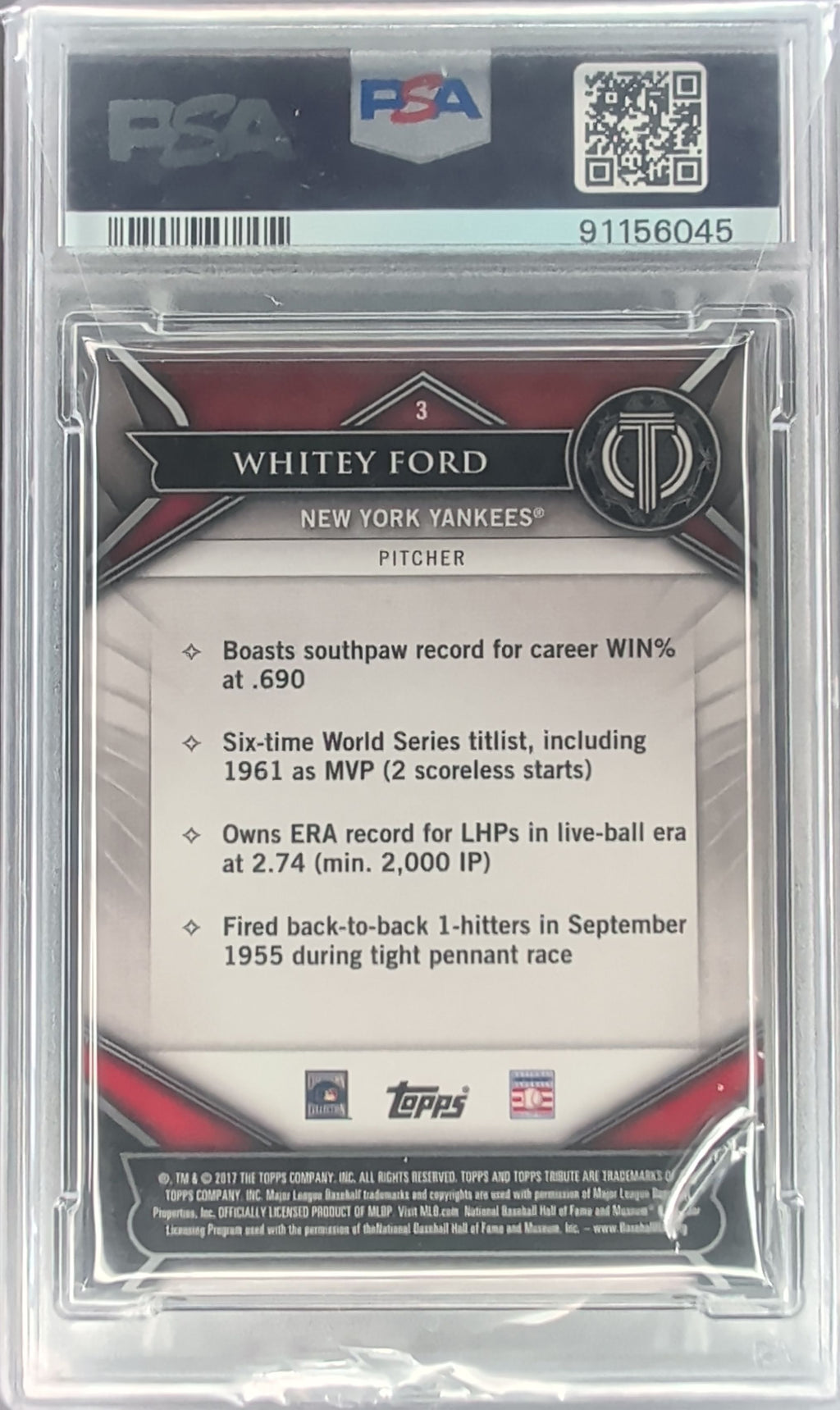 2017 Topps Tribute #3 Whitey Ford Red #/10 PSA 9 H03