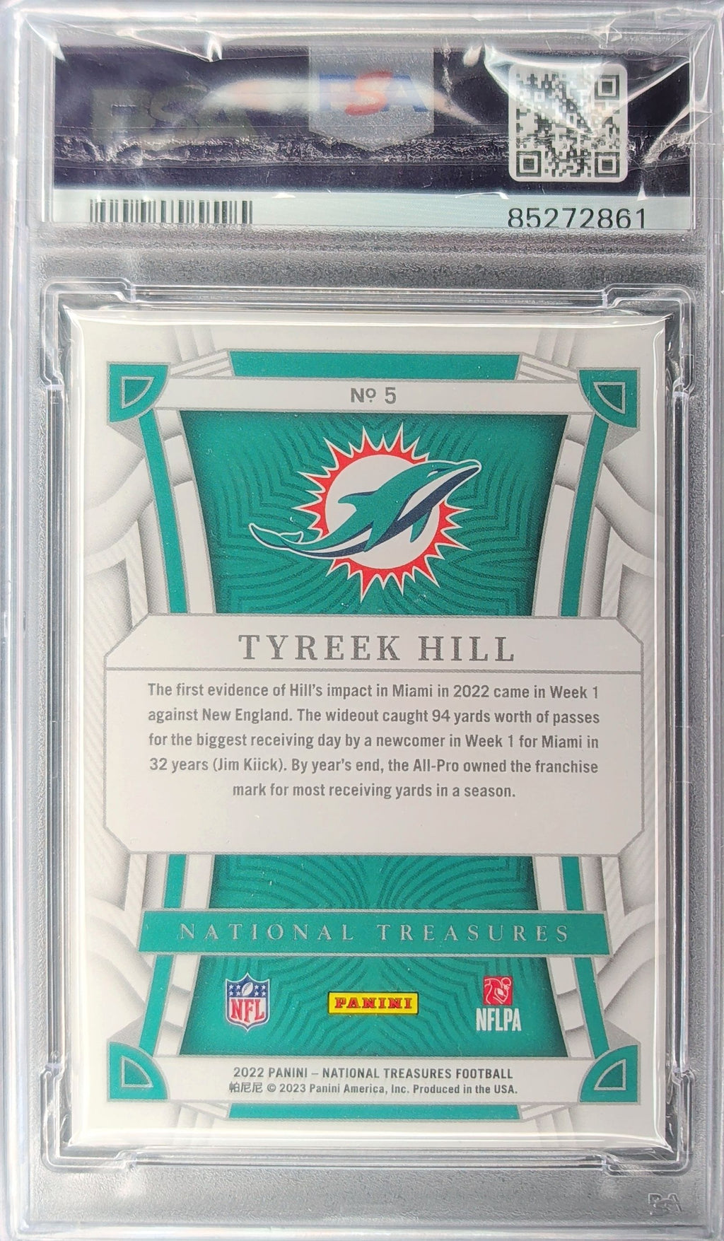 2022 Panini National Treasures #5 Tyreek Hill Stars and Stripes #/13 PSA 9 H03