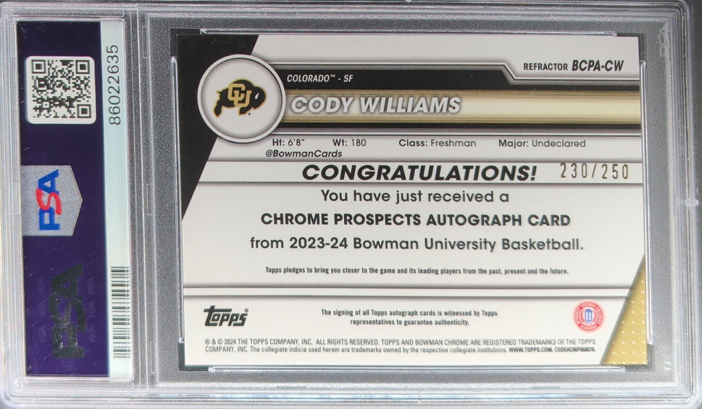 2023-24 Bowman U Chrome Cody Williams Autographs Refractor #/250 PSA 9H03