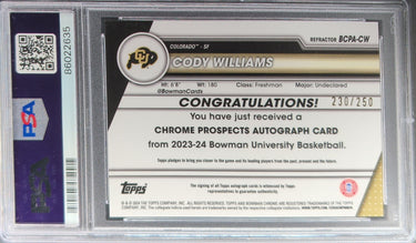 2023-24 Bowman U Chrome Cody Williams Autographs Refractor #/250 PSA 9H03