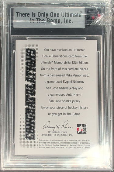 2012-13 ITG Memorabilia Mike Vernon Evgeni Nabokov Antti Niemi /24 Slab H04