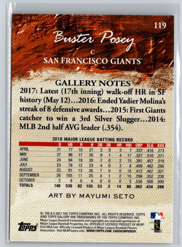 2017 Topps Gallery #119 Buster Posey J01