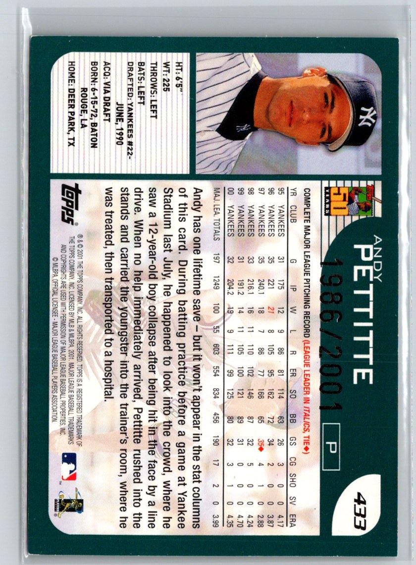 2001 Topps #433 Andy Pettitte Gold #/2001 J02