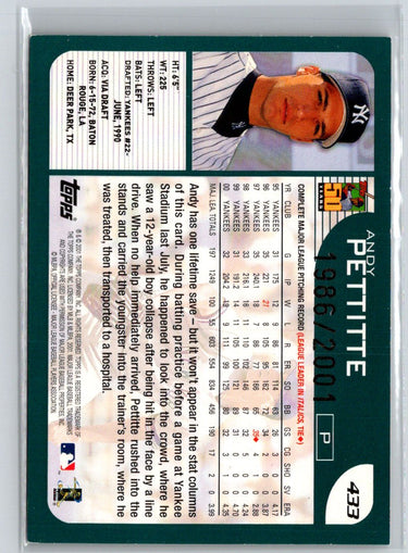 2001 Topps #433 Andy Pettitte Gold #/2001 J02