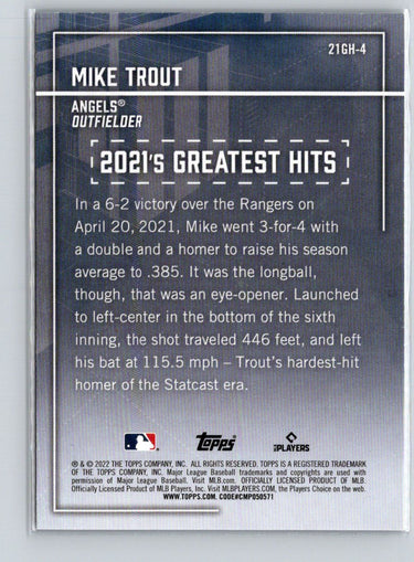 2022 Topps #21GH-4 Mike Trout 2021's Greatest Hits J02