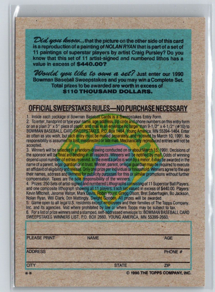 1990 Bowman #NNO Nolan Ryan Sweepstakes J04