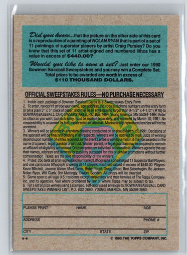 1990 Bowman #NNO Nolan Ryan Sweepstakes J04