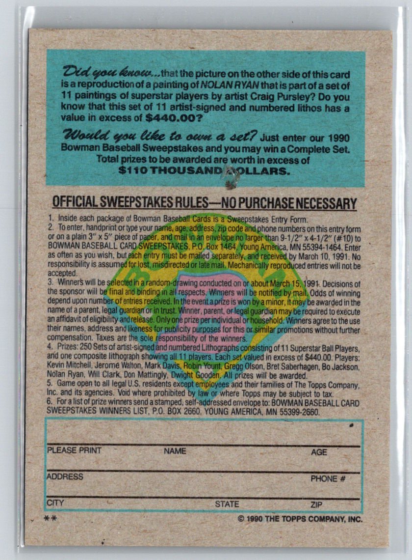 1990 Bowman #NNO Nolan Ryan Sweepstakes J07