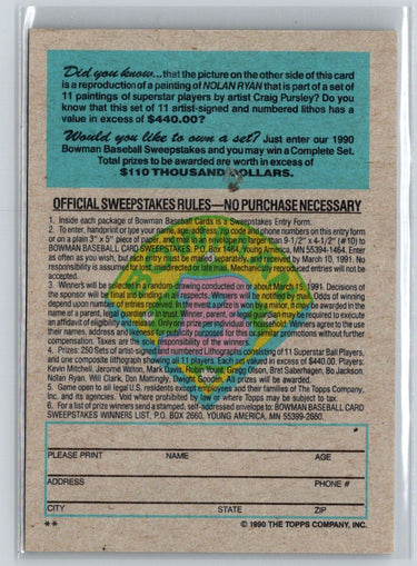 1990 Bowman #NNO Nolan Ryan Sweepstakes J07