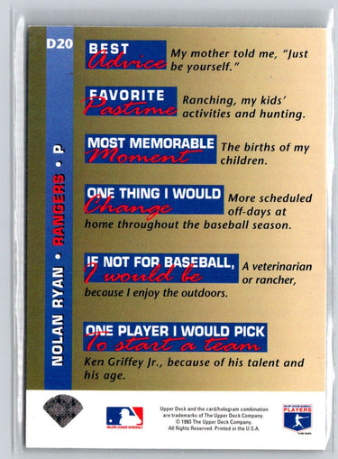 1993 Upper Deck #D20 Nolan Ryan On Deck J08