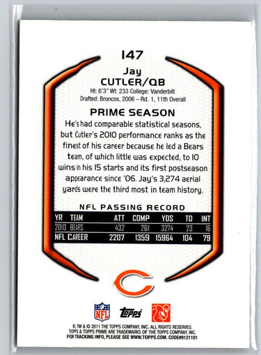 2011 Topps Prime #147 Jay Cutler Powder Blue #/75 J15
