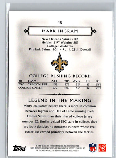 2011 Topps Gridiron Legends #45 Mark Ingram J15