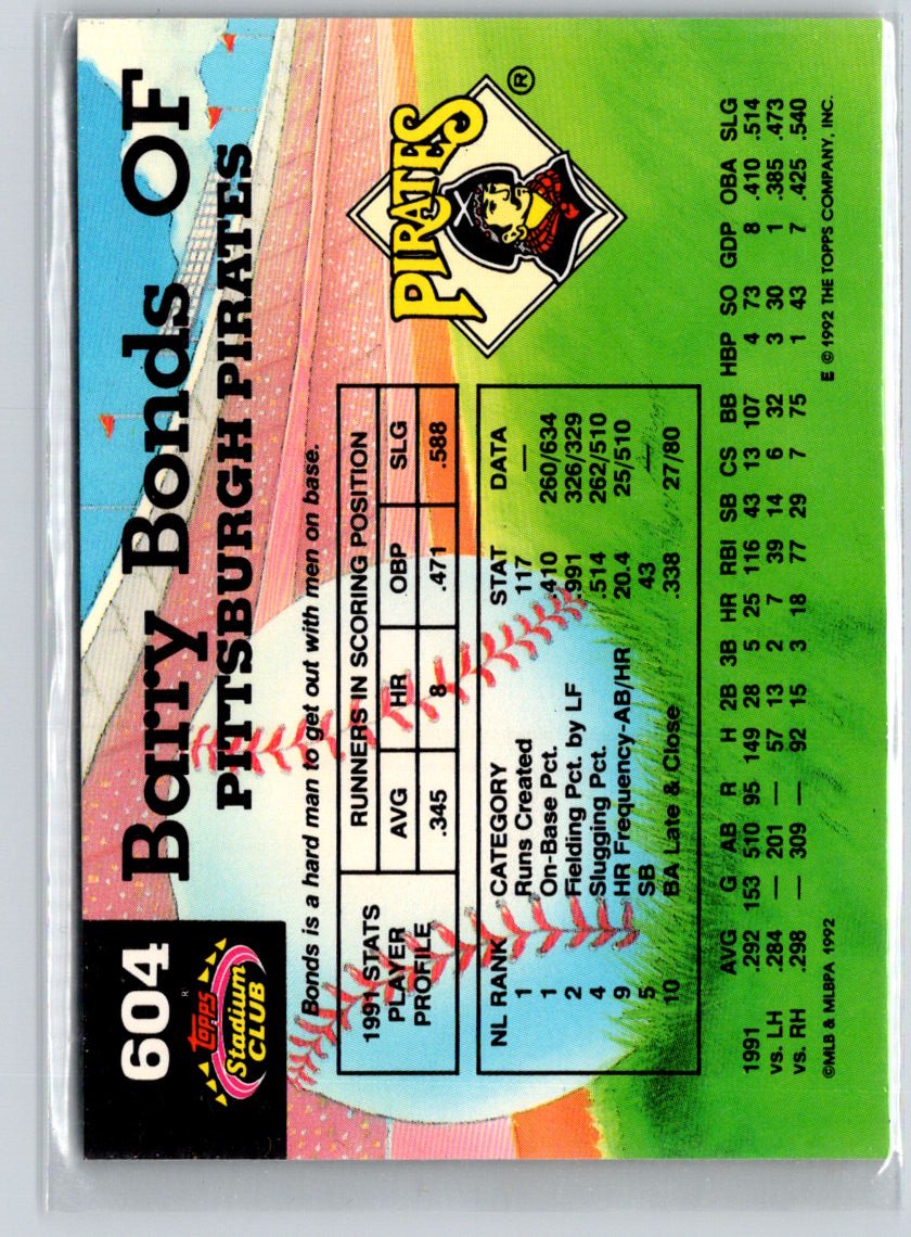1992 Stadium Club #604b Barry Bonds J32