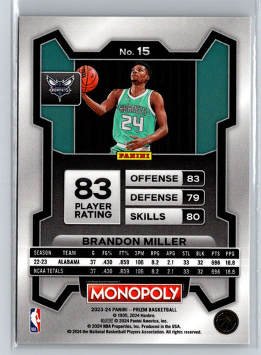 2023-24 Panini Prizm Monopoly #15 Brandon Miller J35