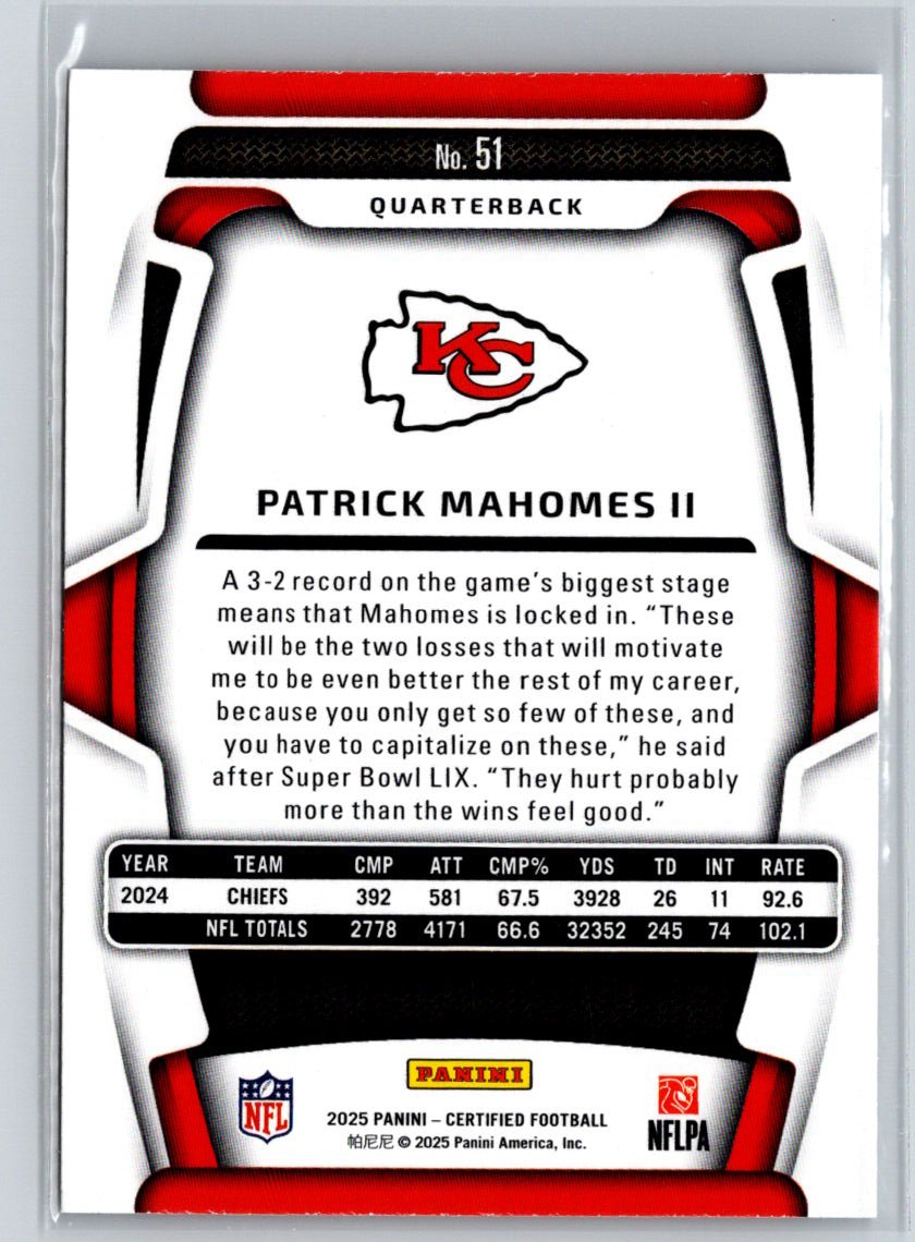 2025 Panini Certified #51 Patrick Mahomes II J37
