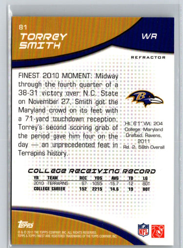 2011 Finest #81 Torrey Smith Blue Refractors #/99 J39