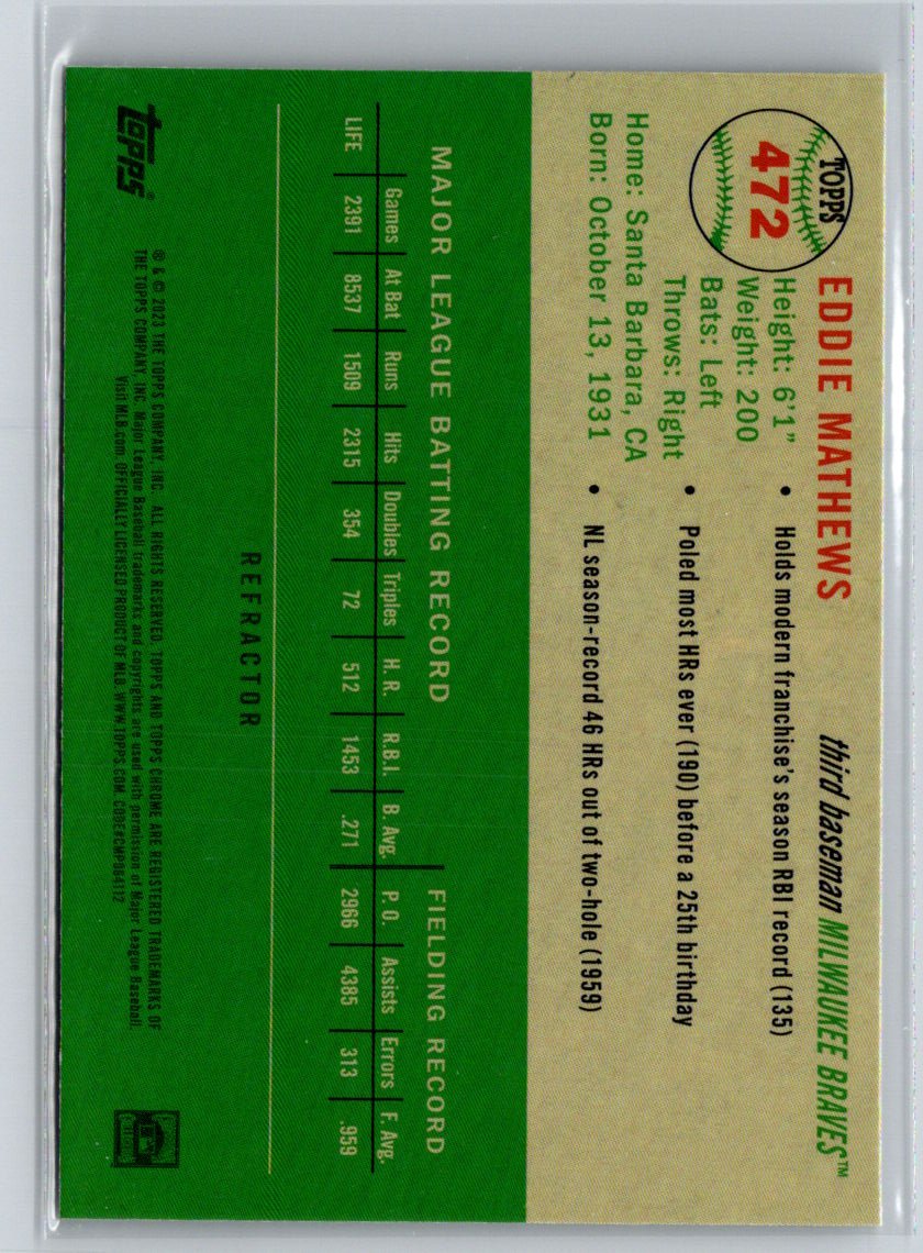 2023 Topps Chrome Platinum Anniversary #472 Eddie Mathews Refractor #/499 J41