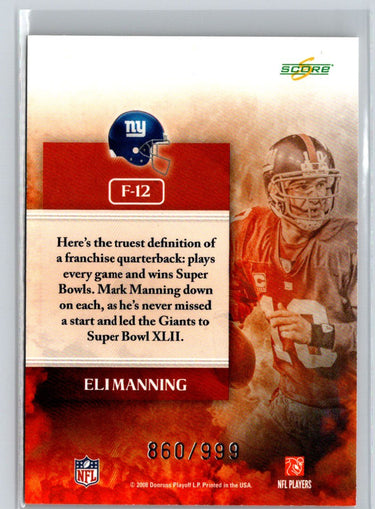 2008 Score #F-12 Eli Manning The Franchise Scorecard #/999 J60