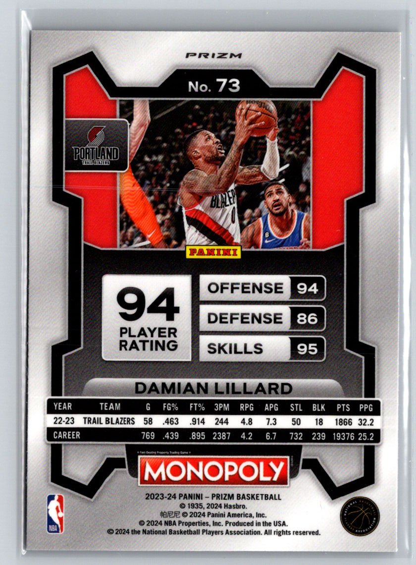 2023-24 Panini Prizm Monopoly #73 Damian Lillard Purple J68