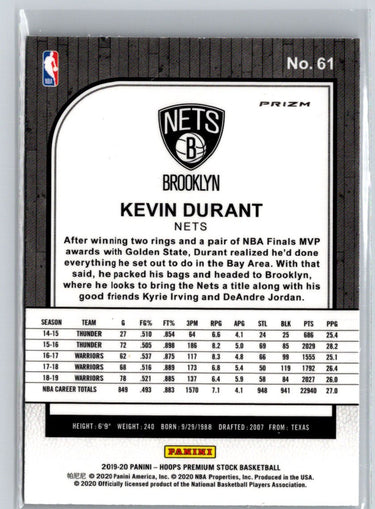 2019-20 Hoops Premium Stock #61 Kevin Durant Prizms Purple Disco K01