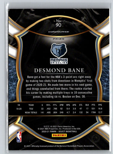 2020-21 Panini Select #90 Desmond Bane Red White Green Cracked Ice K05