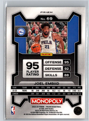 2023-24 Panini Prizm Monopoly #69 Joel Embiid Monopoly Man Red Pattern K06