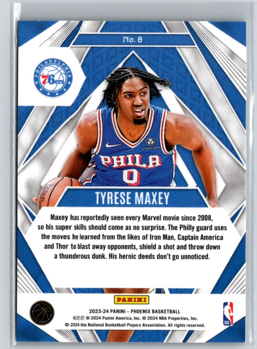 2023-24 Panini Phoenix #8 Tyrese Maxey Paragon Phoenix Teal Lazer K18