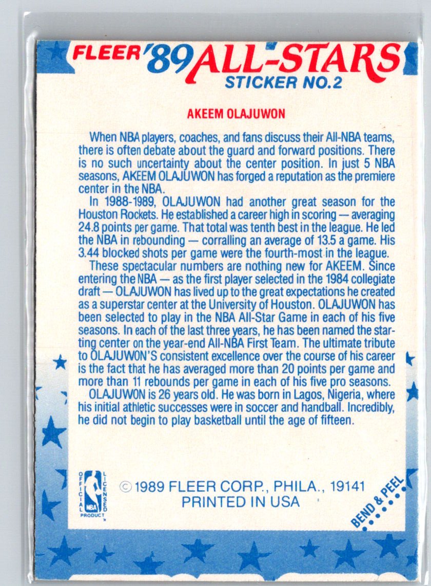 1989-90 Fleer #2 Akeem Olajuwon Stickers K34