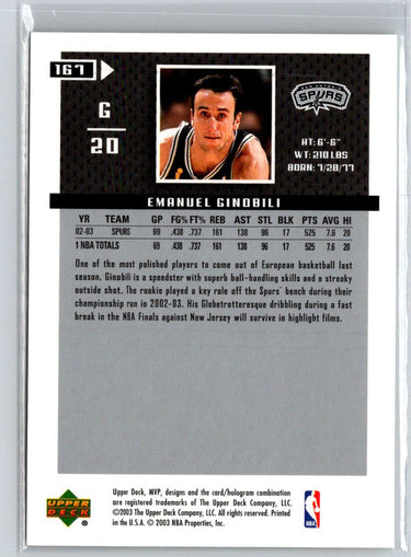 2003-04 Upper Deck MVP #167 Manu Ginobili K36
