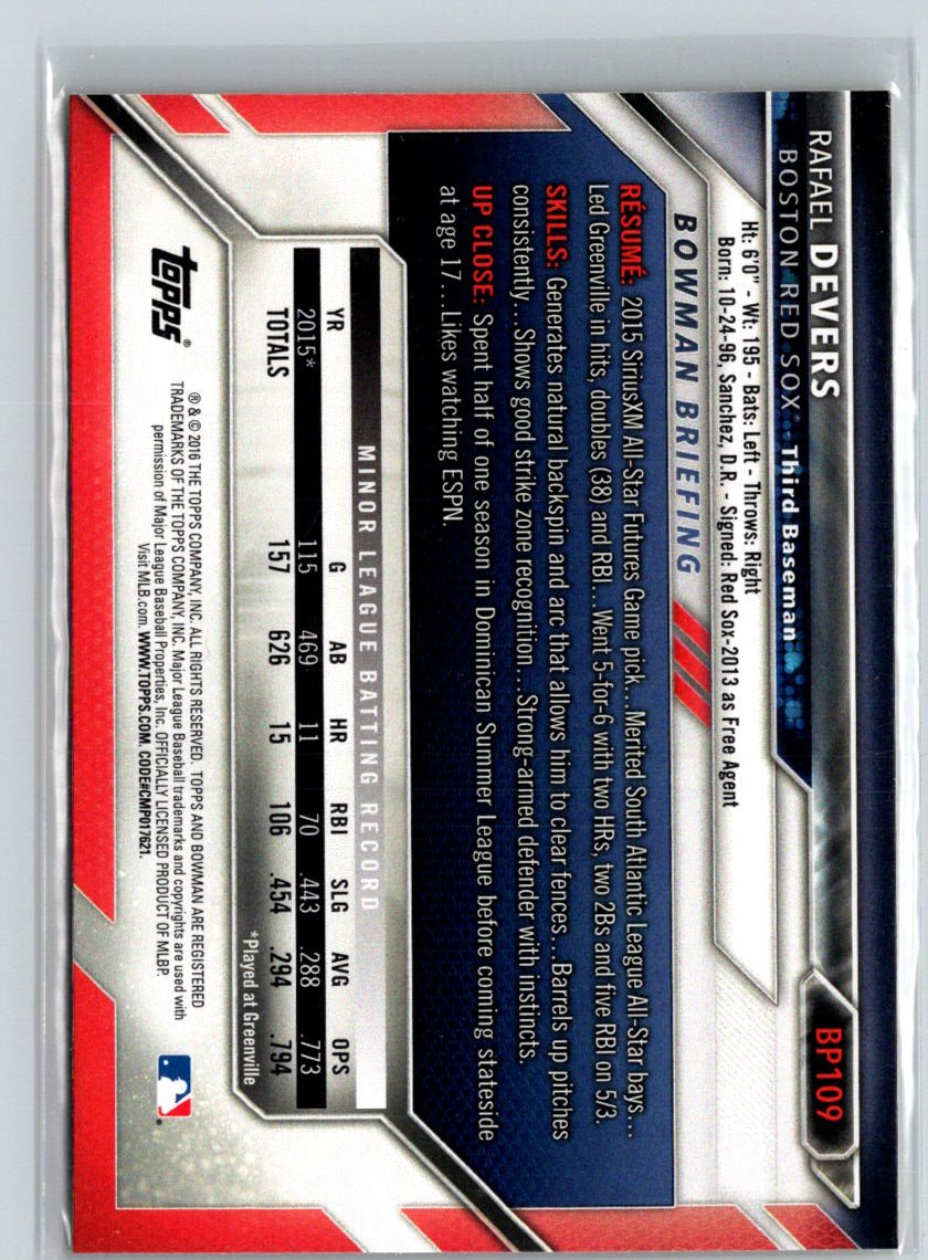 2016 Bowman #BP109 Rafael Devers Prospects Yellow K37