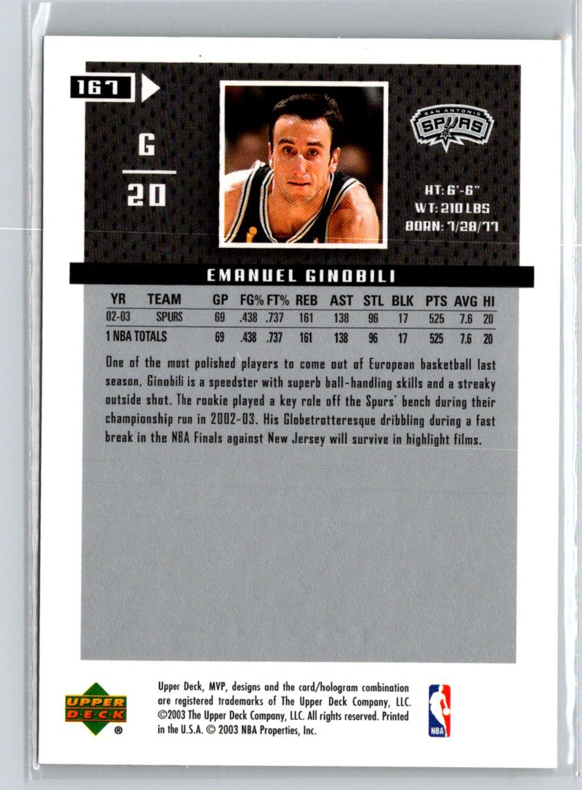 2003-04 Upper Deck MVP #167 Manu Ginobili Silver K39