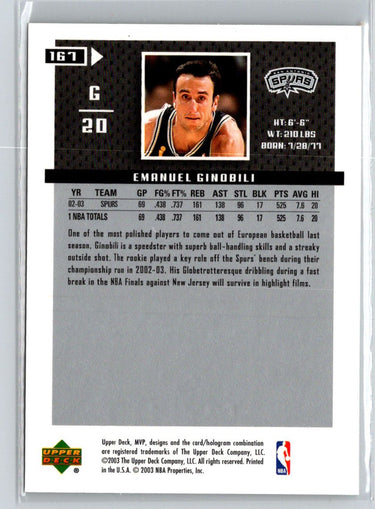2003-04 Upper Deck MVP #167 Manu Ginobili Silver K39