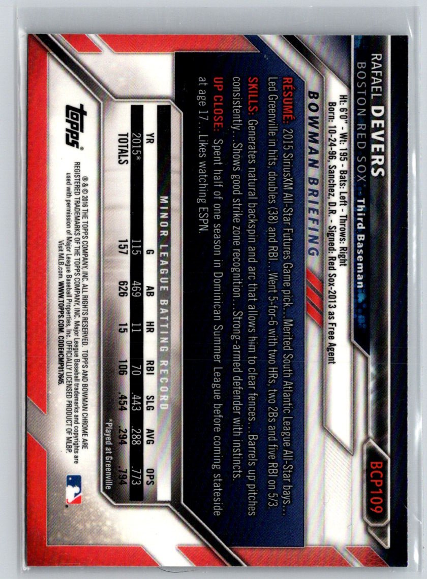 2016 Bowman #BCP109 Rafael Devers Chrome Prospects K42