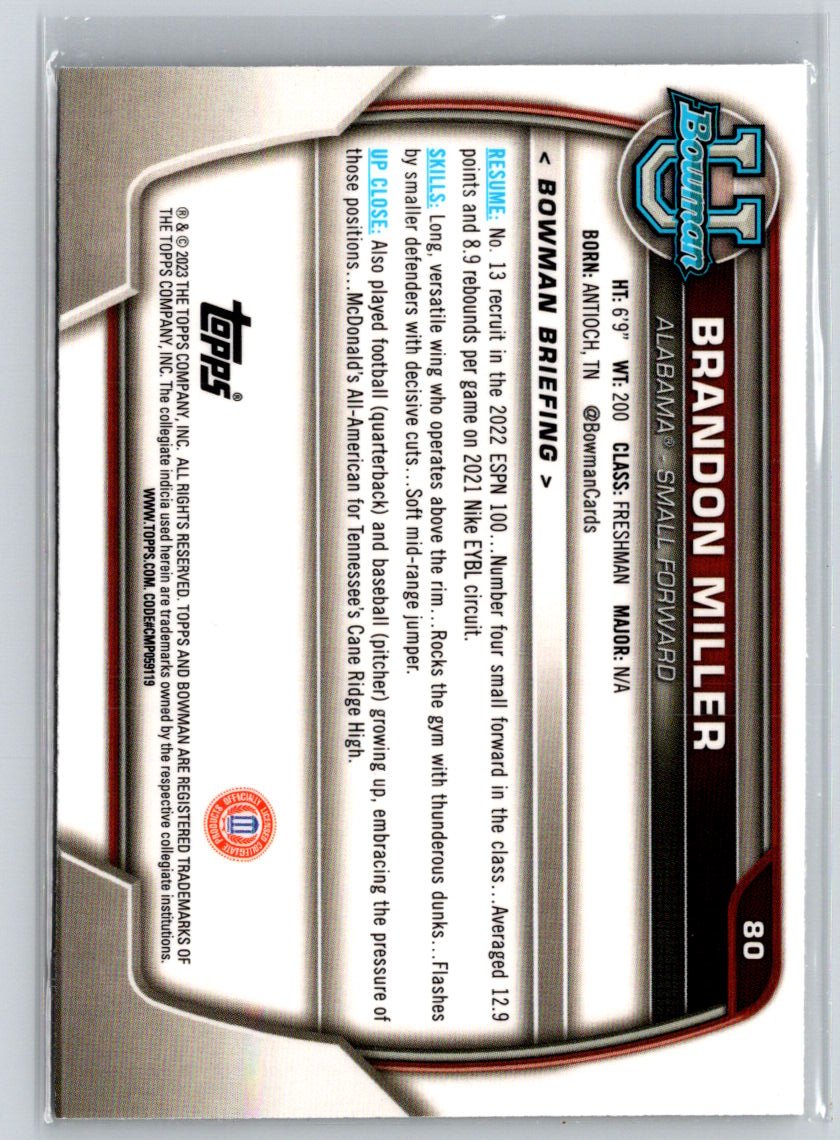 2022-23 Bowman University Chrome #80 Brandon Miller K44