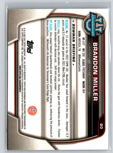 2022-23 Bowman University Chrome #80 Brandon Miller K44